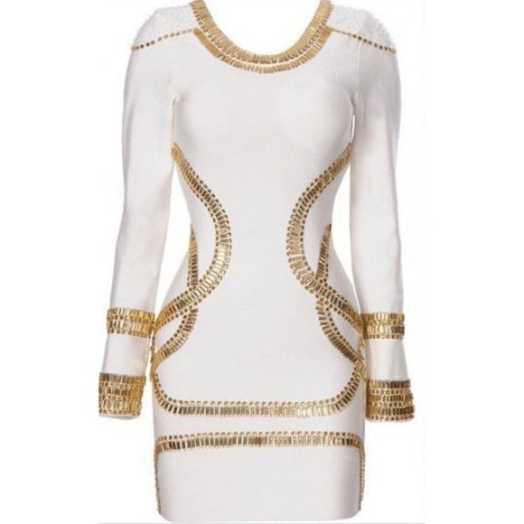 Herve Leger | Dresses | Herve Leger Gold And White Dress | Poshmark
